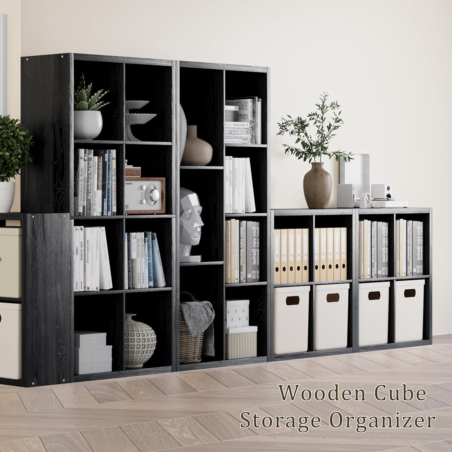 Cube Storage Organizer Bookcase, Decorative 11 inch Open Back Cubical Shelf with Thickened Border, Display Bookshelf for Living Room, Home Office, Sturdy Room (Black, 4 Cube)