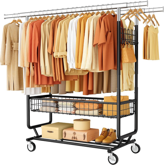Heavy Duty Clothes Rack with Metal Basket, 720 LBS Rolling Double Rod Garment Rack, Portable Extendable Clothing Rack with Wheel for Bedroom, Laundry Room & Retail Store