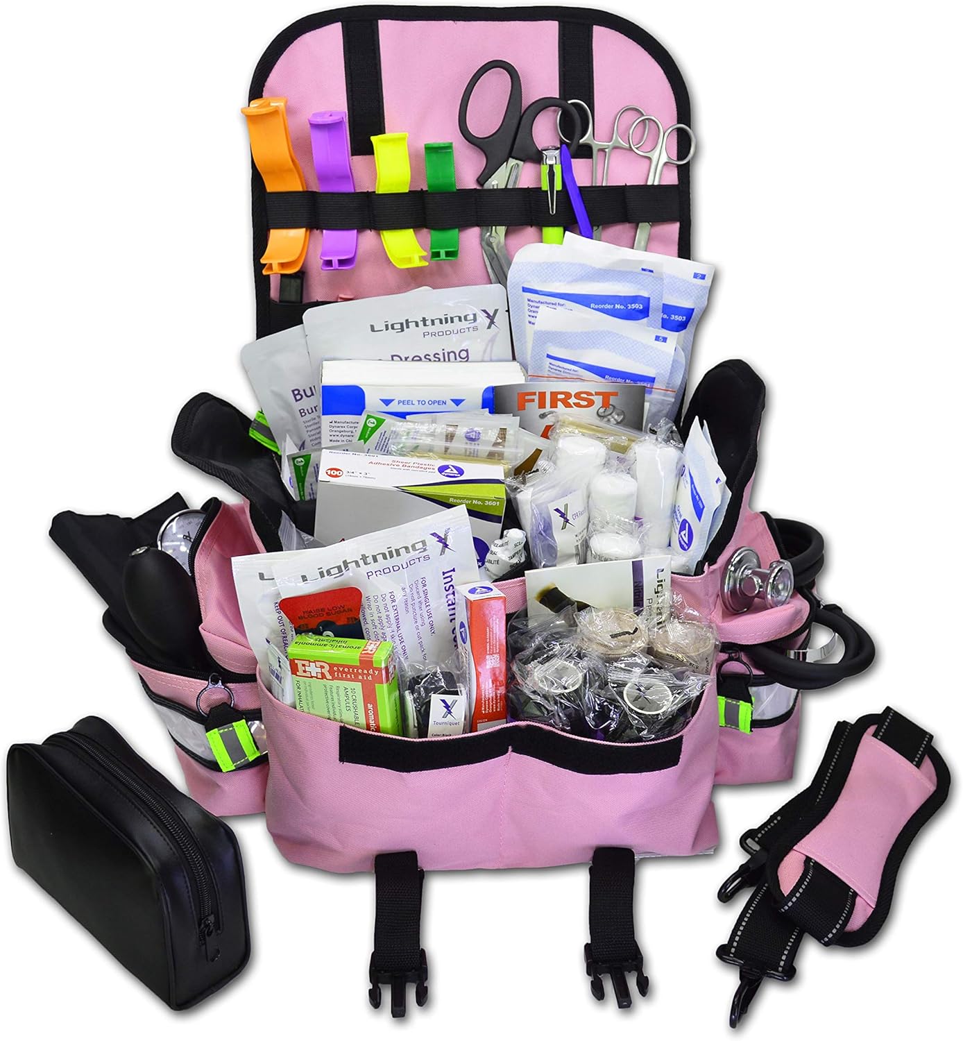Lightning X Personalized First Responder EMT EMS Trauma Bag w/Stocked First Aid Fill Kit B & Custom Embroidered Name Patch (Pink)