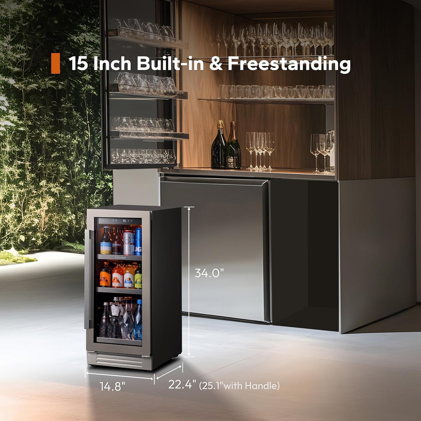 Ca'Lefort 15 Inch Beverage Refrigerator - 100 Can Small Beverage Fridge, Drink Fridge Glass Door 3 LED 34°F -54°F Beverage Cooler Built-in or Freestanding, Perfect for Home/Kitchen(3.0 cu.ft)