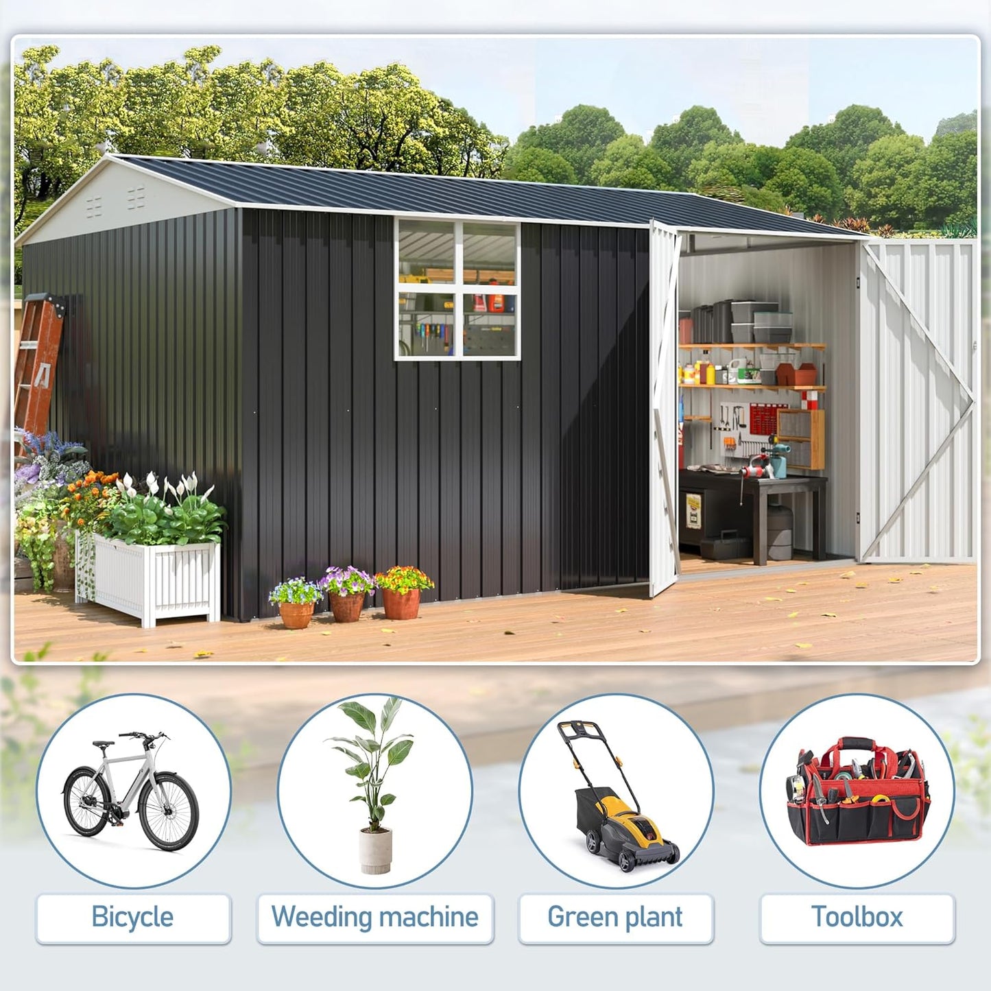 10x12 FT Outdoor Metal Storage Shed with Window, Large Lockable Metal Garden Tool Shed with Heavy-Duty Frame for Backyard, Patio, and Lawn, Black
