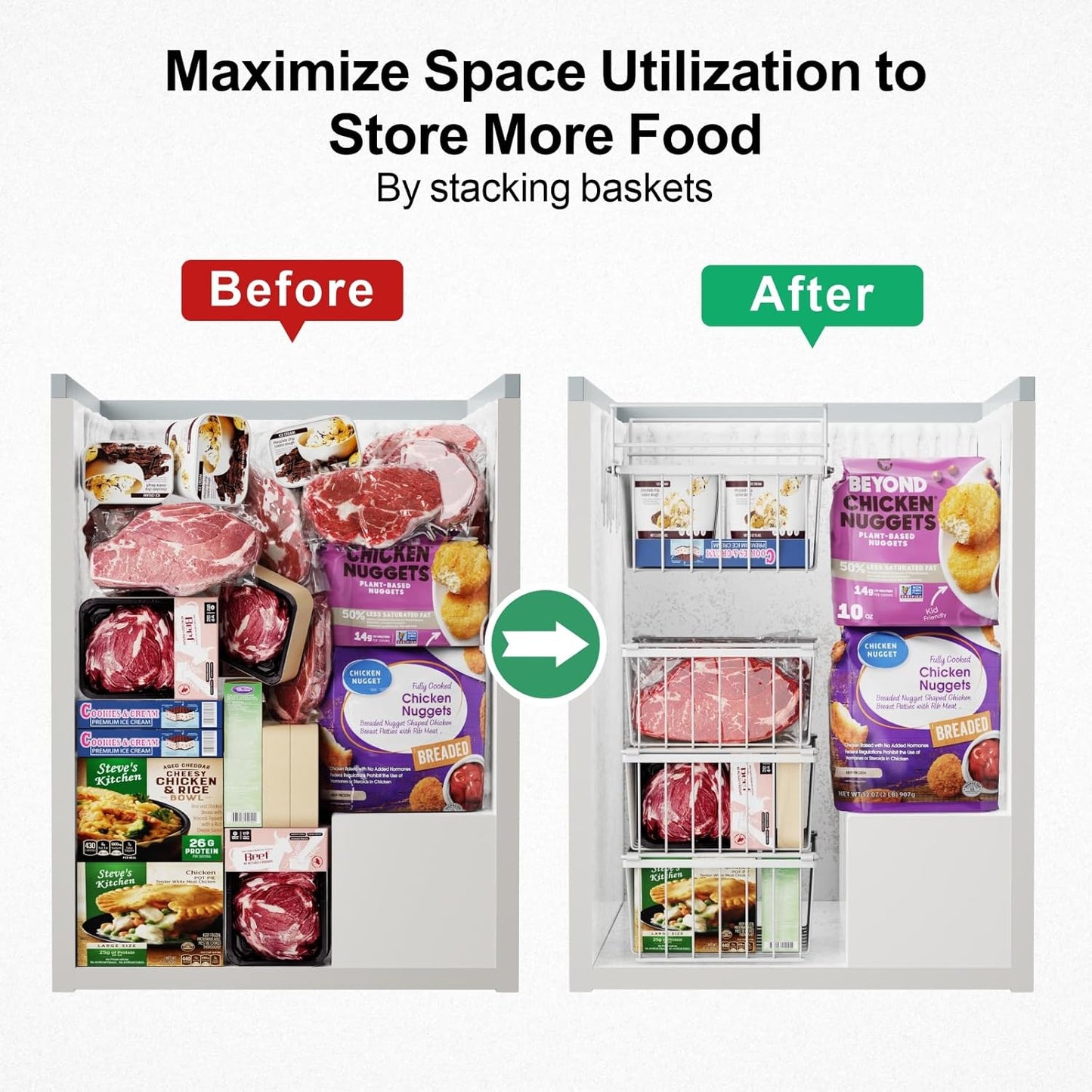 iSPECLE Deep Freezer Organizer Bins - 15.2"~17.5" Freezer Baskets for Chest Freezer, 5 Cu.FT Deep Chest Freezer Organizer Bins, 1 Expandable Hanging Basket and 3 Pack Stackable Bins, 4 Pack White