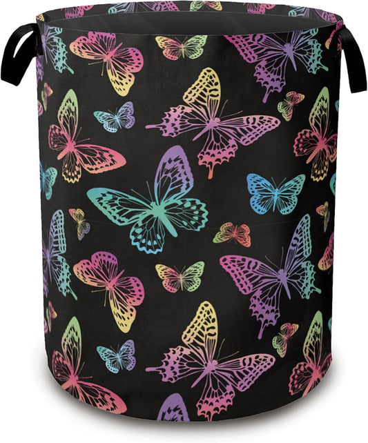Rainbow Butterfly Collapsible Laundry Baskets,Laundry Hamper,Storage Basket with Handles for Bathroom Bedroom College Dormitory Living Room Nursery Organizer 16"x20"