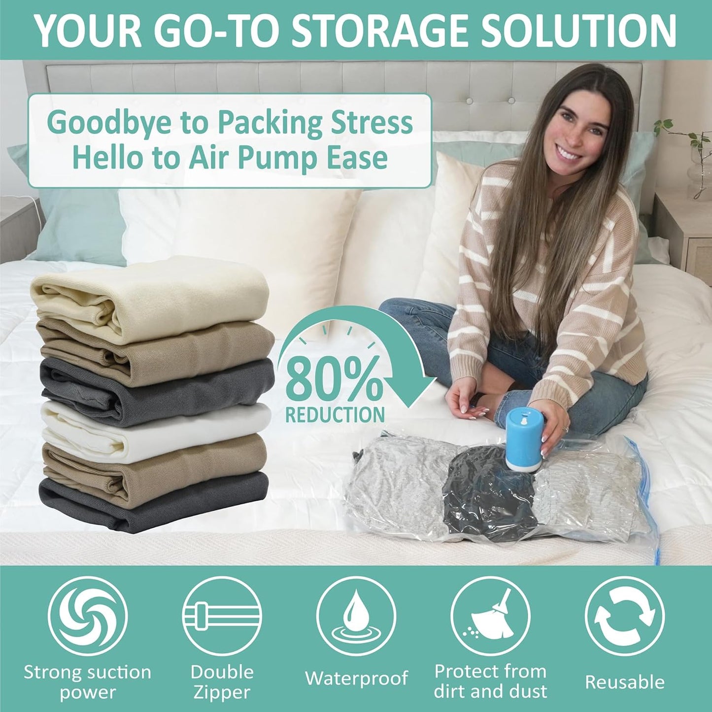 8 Pack Travel Vacuum Storage Bags with Rechargeable Wireless Electric Pump for Luggage, Suitcase, Carry-on Size Vacuum Seal Compression Space Saver Bags for Clothes and Clothing Travel