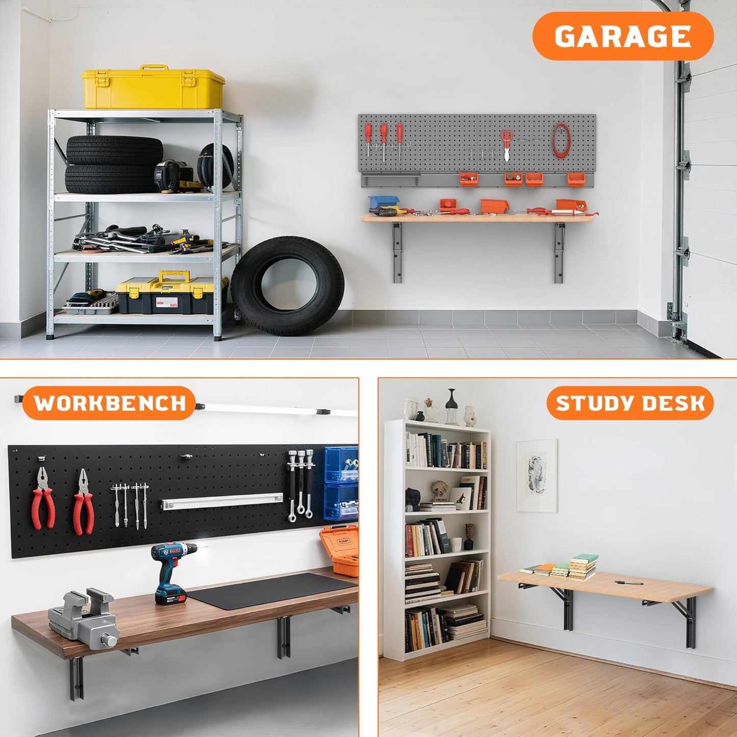 TORACK 16 inch Folding Wall Shelf Brackets, Space-Saving Collapsible Shelf Brackets for Garage, Kitchen, Laundry, Wall-Mounted Support Hinges for Workbench/Table