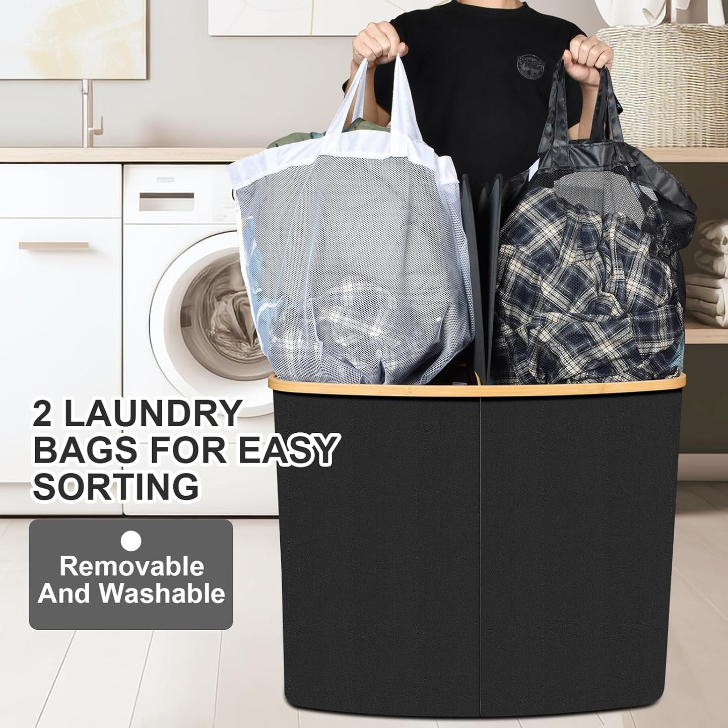 Large Laundry Hamper with Lid 205L,Collapsible 2-Section Dirty Clothes Basket Organizer for Bathroom, Bedroom & Laundry Room - Waterproof, Easy Sort, Foldable Storage Solution