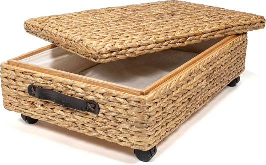happimess BSK1006A 26.38" Chett Minimalist Hand-Woven Hyacinth/Wood Underbed Storage Bin with Wheels and Handles for Storage and Decoration in Bathroom, Bedroom, Closet, Entryway, Guest Room, Natural