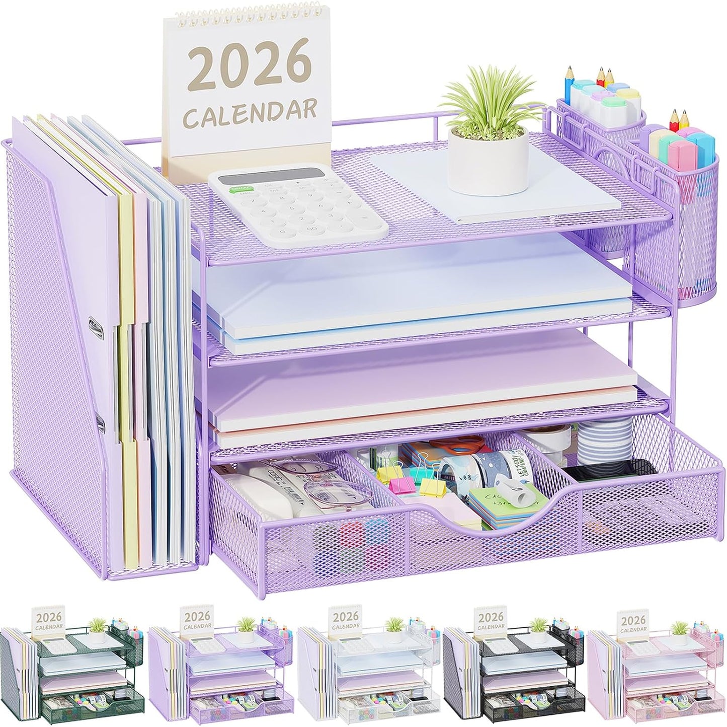 gianotter Desk Organizers and Accessories with File Holder, 4-Tier Desk Accessories & Workspace Organizers with Drawer and 2 Pen Holder, Paper Organizer for Office Supplies (Purple)