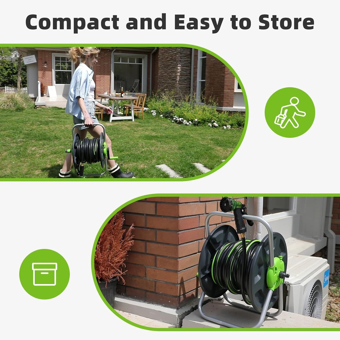 Garden Water Hose Reel Cart, Holds 65-100 Ft of 5/8 Inch, Wall Mounted Garden Hose Cart, Portable Hose Holder for Convenient Hose Storage and Watering