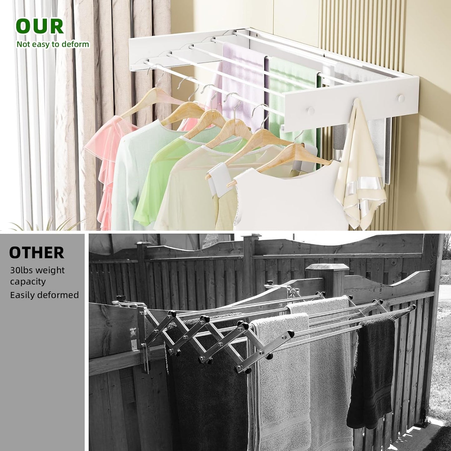 Wall Mounted Drying Rack for Laundry 31.5'', Folding Clothes Drying Rack Wall Mount with 5 Rods and 6 Hooks, Space Saving Collapsible Towel Rack for Indoor Outdoor Bathroom Balcony (White, 31.5'')