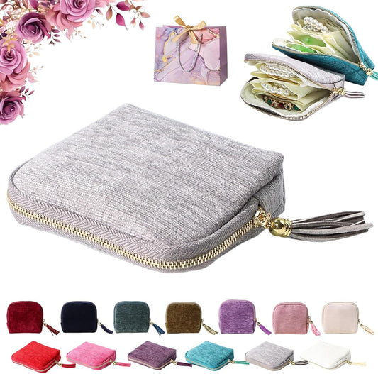 Travel Jewelry Case, Portable Jewelry Storage Bag, Compact Foldable Five Compartments Organizer Pouch with Zipper & Tassel for Earring Necklace Ring Bracelet (Gray)