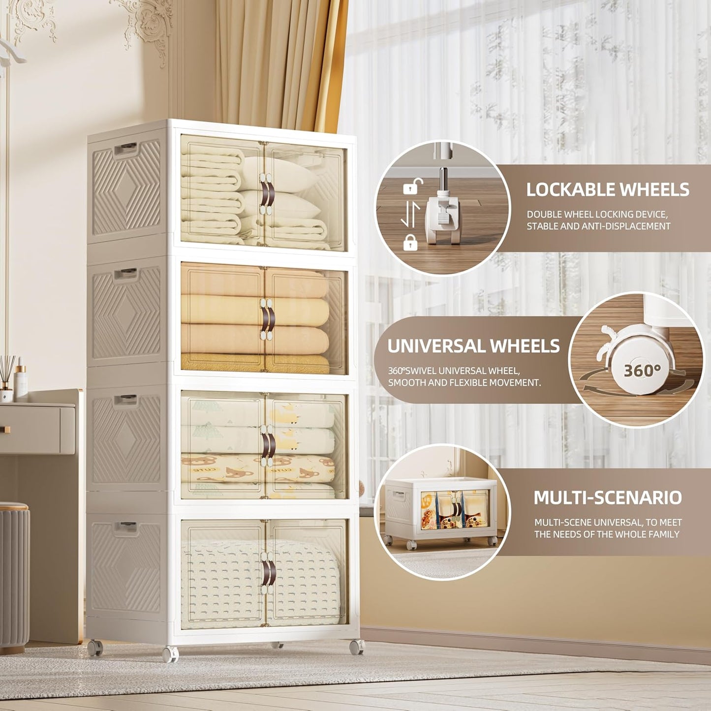 416 QT / 104 Gal Large Foldable Stackable Plastic Storage Cabinet with Double Magnetic Doors, Leather Handles & 4 Wheels - Organize Home, Office, Closet