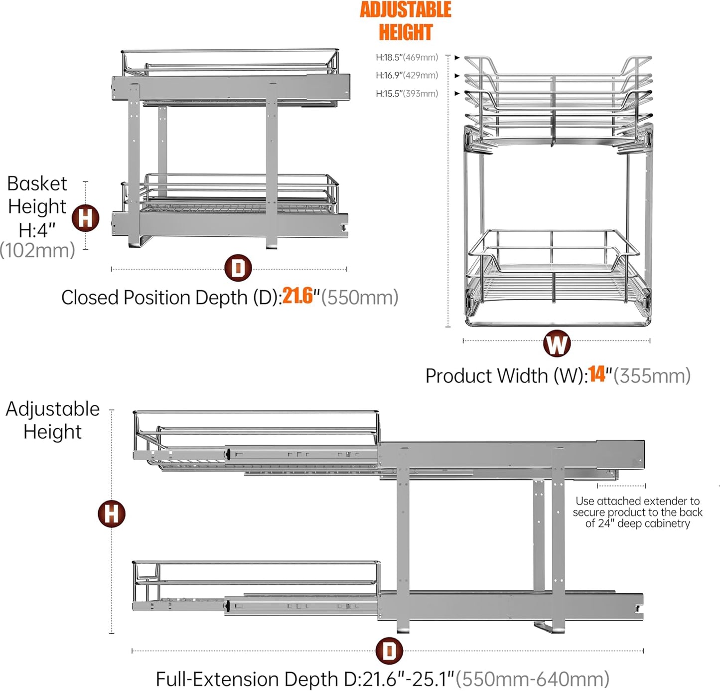 2-Tier Cabinet Pull Out Shelves (14" W x 22" D), Slide Out Shelves for Kitchen Cabinets, Metal Under Cabinet Roll Out Shelf