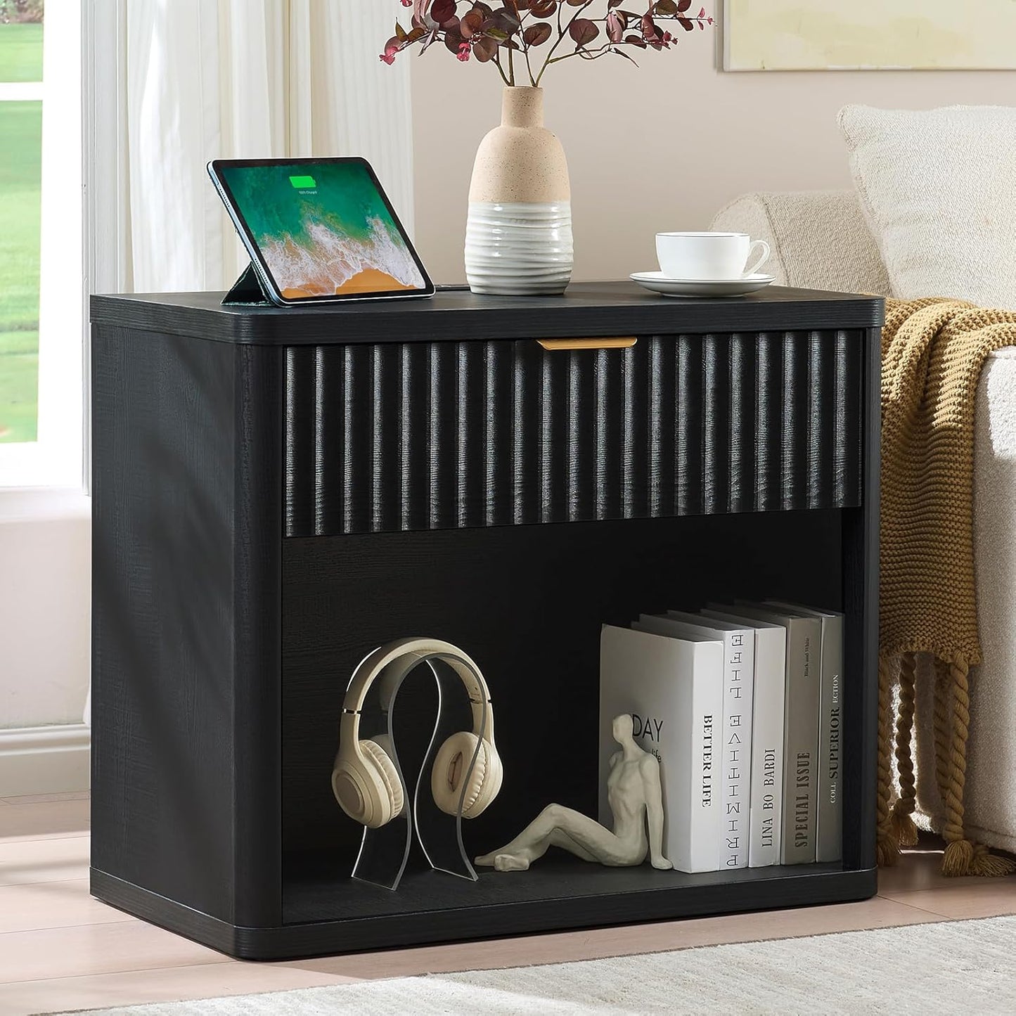 LEYAOYAO 31" Wide Fluted Nightstand with Charging Station, Oversized Extra Large 1 Drawer Night Stand with Golden Handle, Black Wood Bedside Table Tall End Tables,for Bedroom, Living Room, Hallway