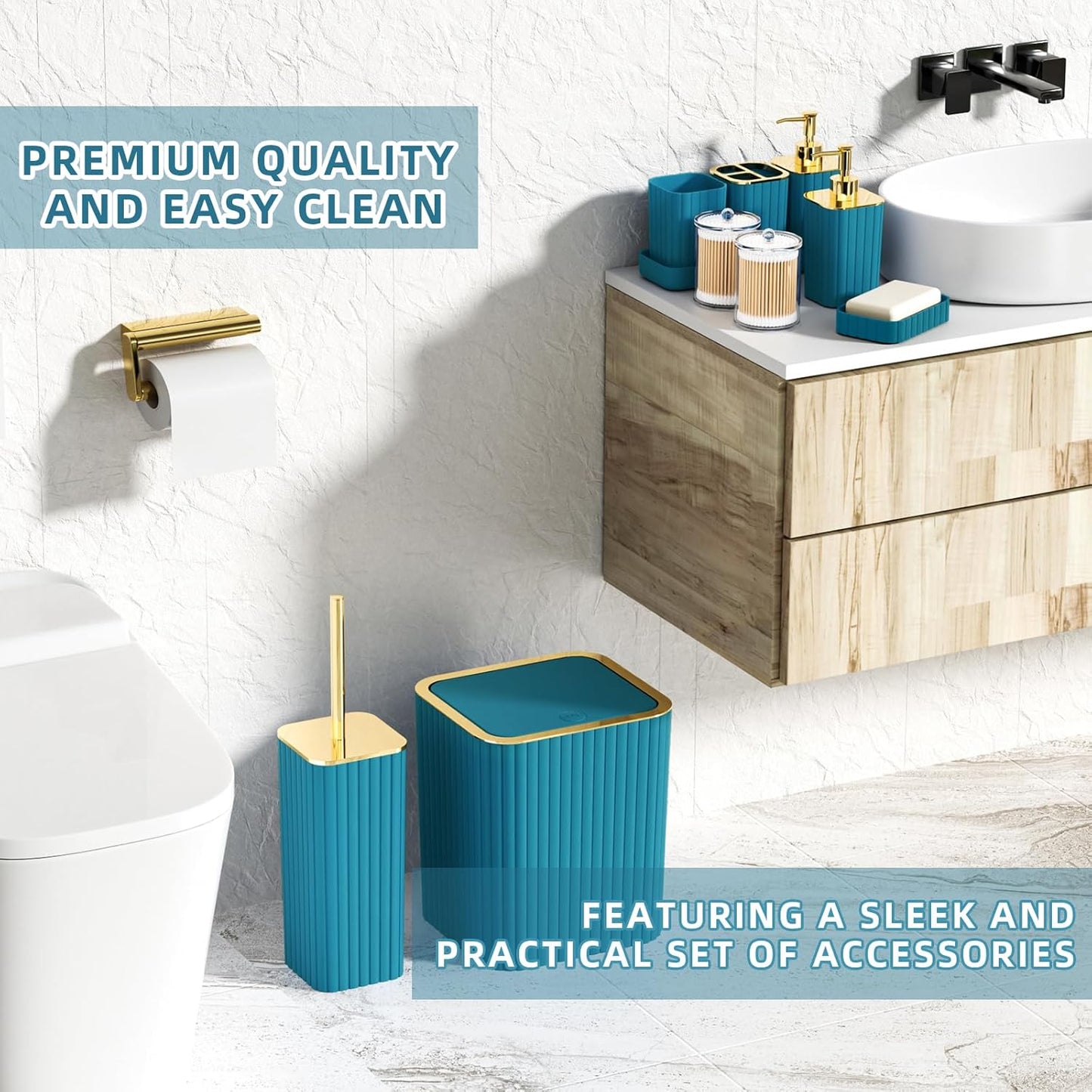 Bathroom Accessory Set - 25PC Teal Bathroom Set, Bathroom Set with Shower Curtain and Rugs, Bathroom Accessories Set, Shower Curtain Set, Trash Can & Soap Dispenser