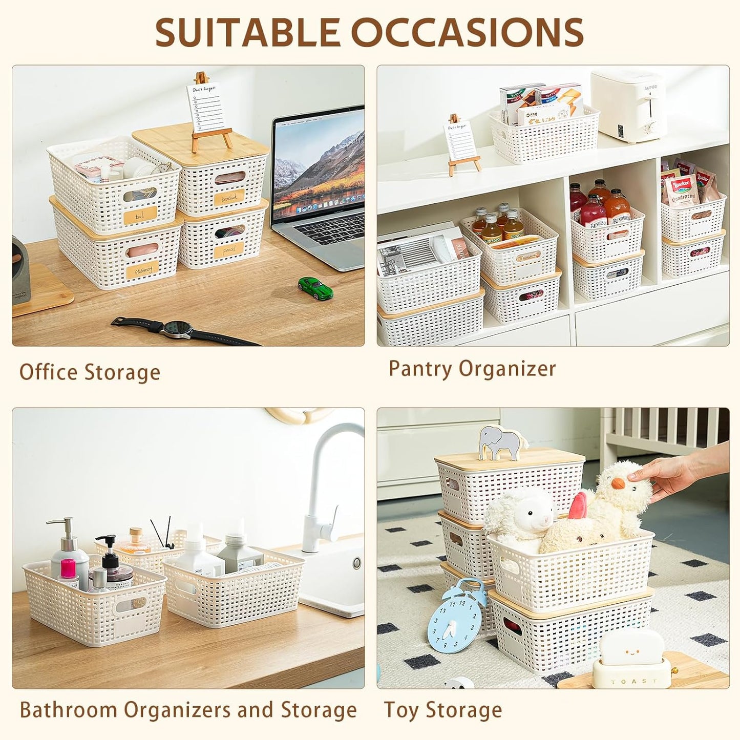 8 Pack Plastic Storage Bins with Bamboo Lids - Stackable Storage Baskets with Handle for Pantry Organizer and Storage, Plastic Containers Bins for Kitchen Bathroom Classroom Office Shelves