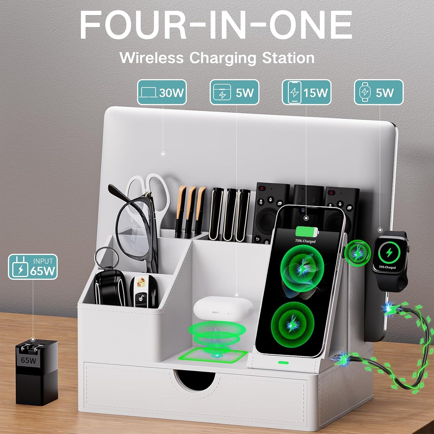 Sleek White PU Leather Charging Station with Drawer - 6-in-1 Multi-Device Desktop Organizer Docking Hub for iPad, Tablet, Laptop, Phone, Watch, Office Home Gift Idea