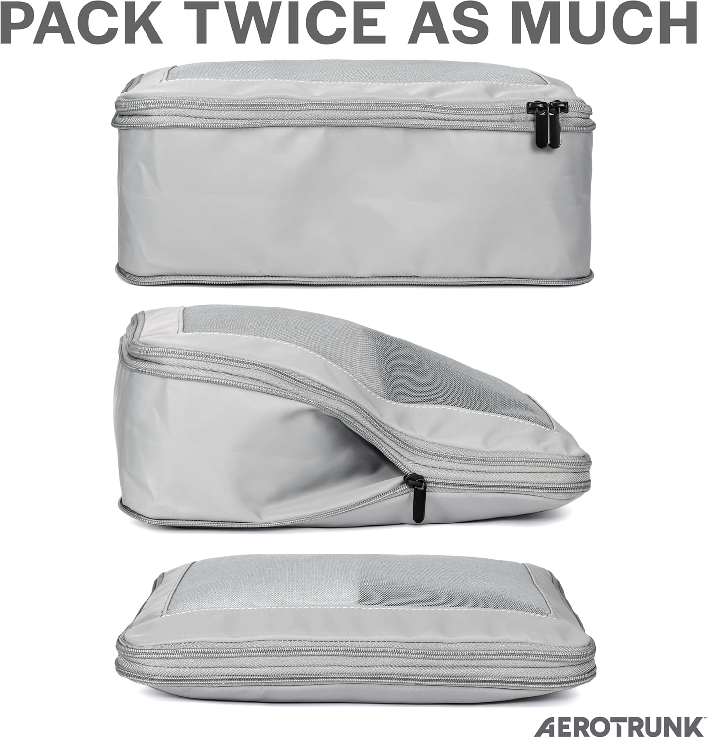 Aerotrunk Compression Packing Cubes for Travel - Luggage Organizer Bags - Double Zipper Packing Cubes for Suitcases (6-Pack, Light Grey)