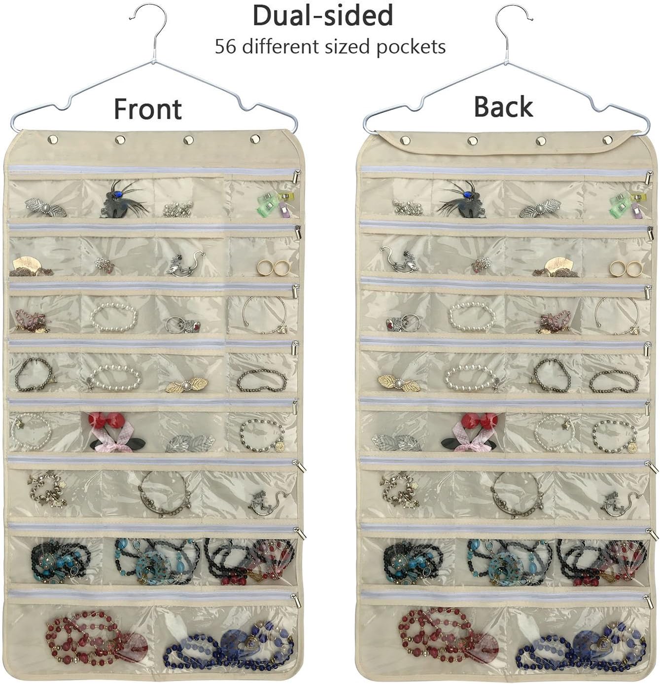 BB Brotrade Hanging Jewelry Organizer,Accessories Organizer,56 Zipper Pocket Organizer for Holding Jewelries (Beige-Zipper)