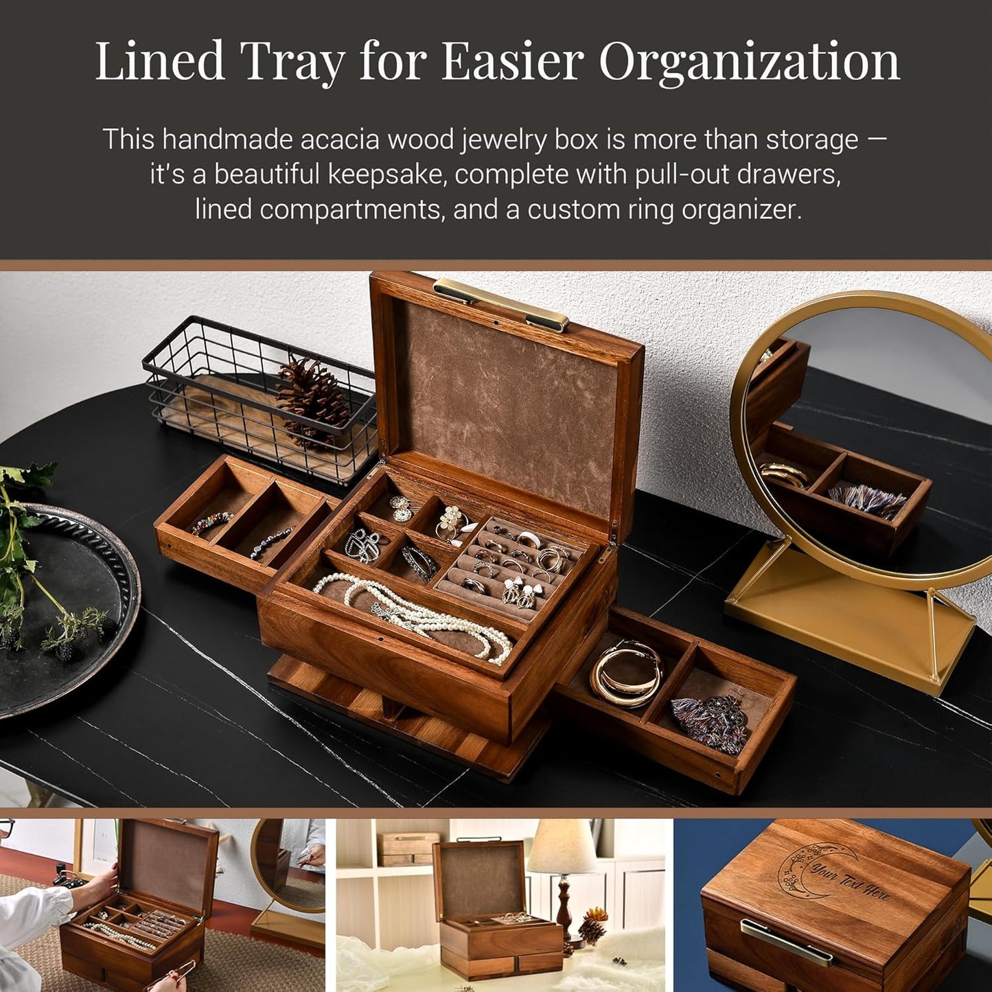 Shanik Wooden Jewelry Box for Women – Elegant Organizer with Ring Cushions, Pull-Out Drawers & Necklace/Earring Storage, Compact Gift for Jewelry Lovers