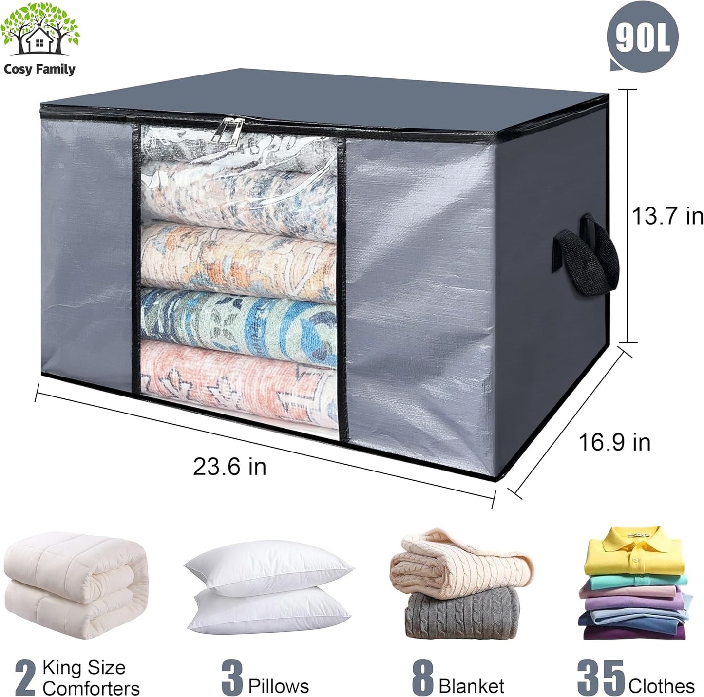 Cosy Family 6 Pack 90L Heavy Duty Extra Large Moving Bags with Reinforced Handle - Strong Handles & Zippers, Storage Totes For Space Saving, Fold Flat, Alternative to Moving Box, Grey