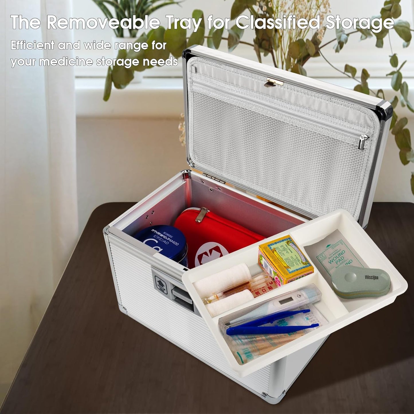 Medicine Lock Box with Key, Alluminum Alloy Box for Medication,First Aid Box with a Removeable Tray to Store Medicines & Pills for Home, Silver, 16 * 9.25 * 7.48 Inch