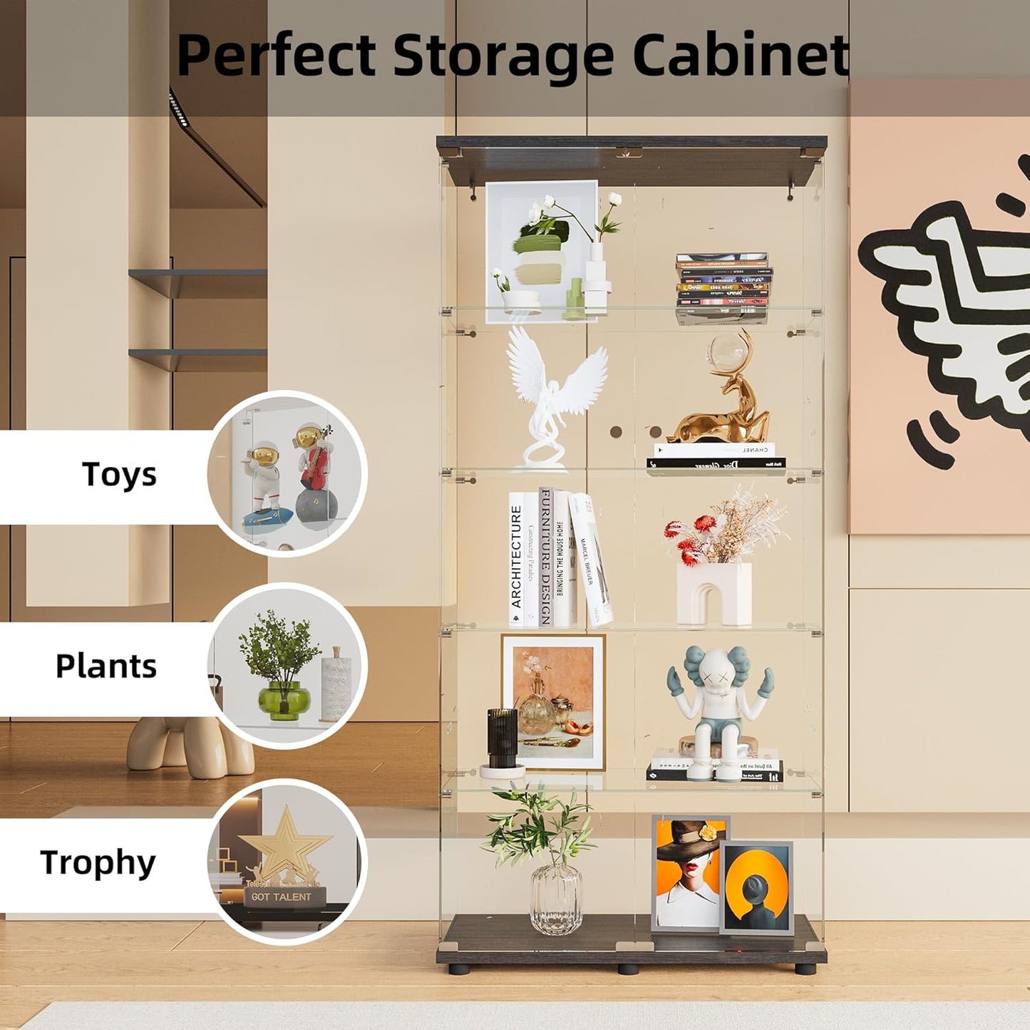 Beauty4U Glass Display Cabinet with 5 Shelves Double Door, Curio Cabinets for Living Room, Bedroom, Office, Black Floor Standing Glass Bookshelf, Quick Installation