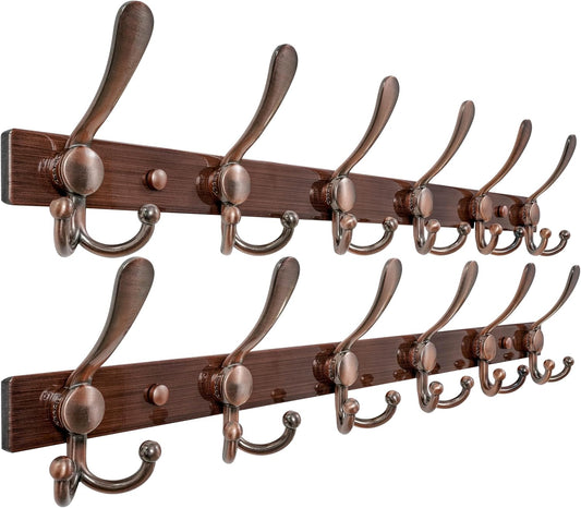 Dseap Coat Rack Wall Mount 2.0 Pro: 24” Long, 3X Tougher, Heavy Duty Stainless Steel Wall Coat Hanger with 6 Tri Hooks for Clothes Jackets Hats Entryway Closet, Antique Copper, Pack of 2