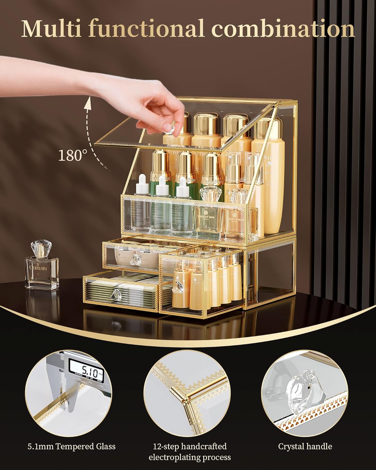 Makeup Organizer for Vanity, Clear Makeup Organizer with Drawer, Skincare Holder for Bathroom Countertop,Cosmetic Display Case for Dresser