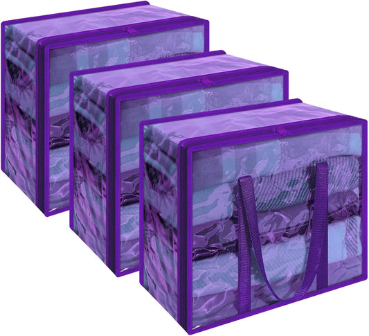 Vieshful 90L Clear Clothes Storage Bag Colorful Clothes Organizer with Zipper Vinyl Storage Bag for Comforter, Blanket, Bedding, Duvet, Transparent Moving Totes 3 Pack, Purple