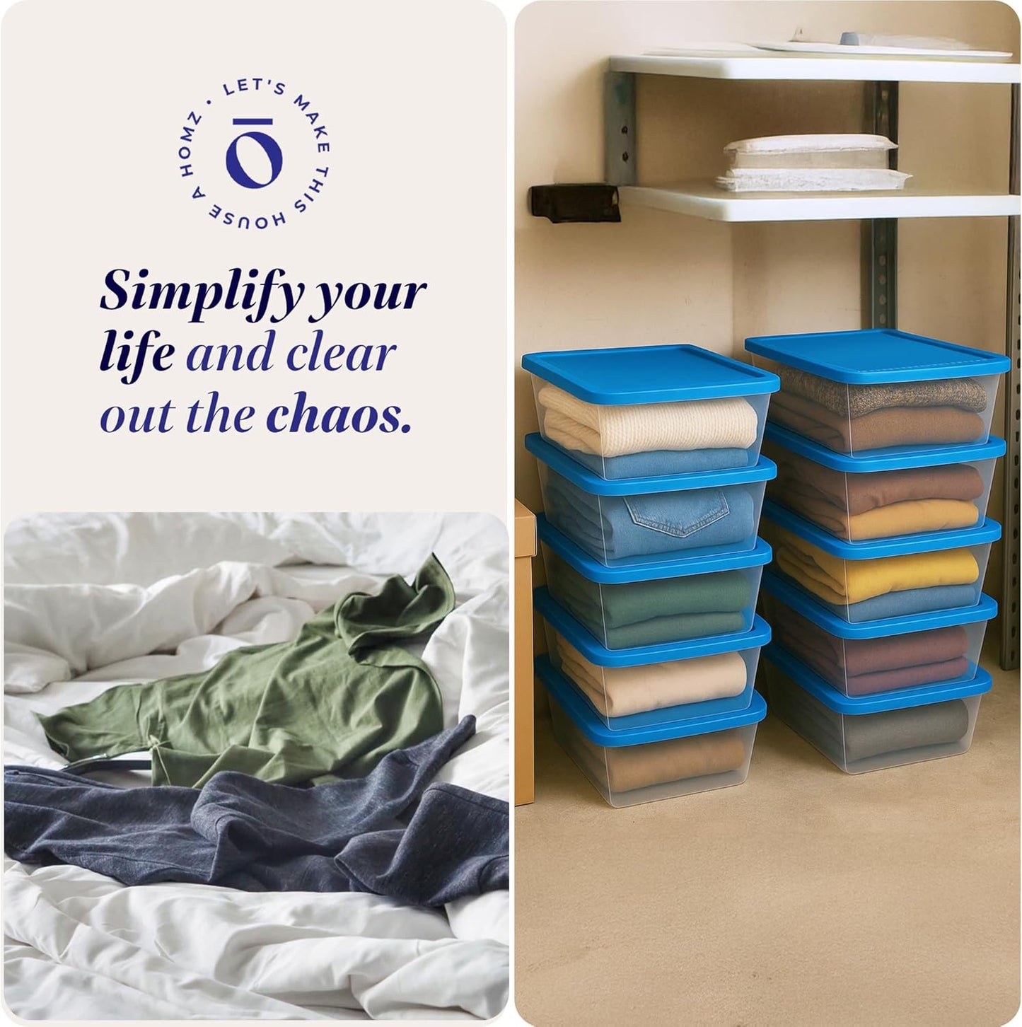 HOMZ 10-Pack Snaplock, Small Clear Plastic Storage Organizer Bins w/Lids, 6 Quart, Blue - Stackable Container Boxes for Bedroom, Bathroom, Garage, and Office Organization