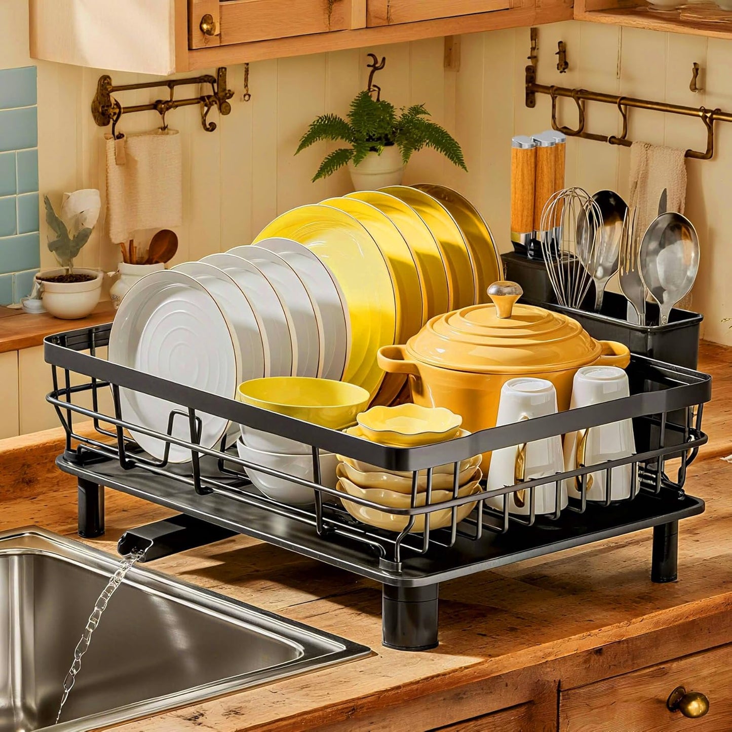 MOUKABAL Dish Drying Rack, Dish Rack, Stainless Steel Dish Racks for Kitchen Counter, Dish Drainer with Removable Utensil Holder, Drainboard (Black)