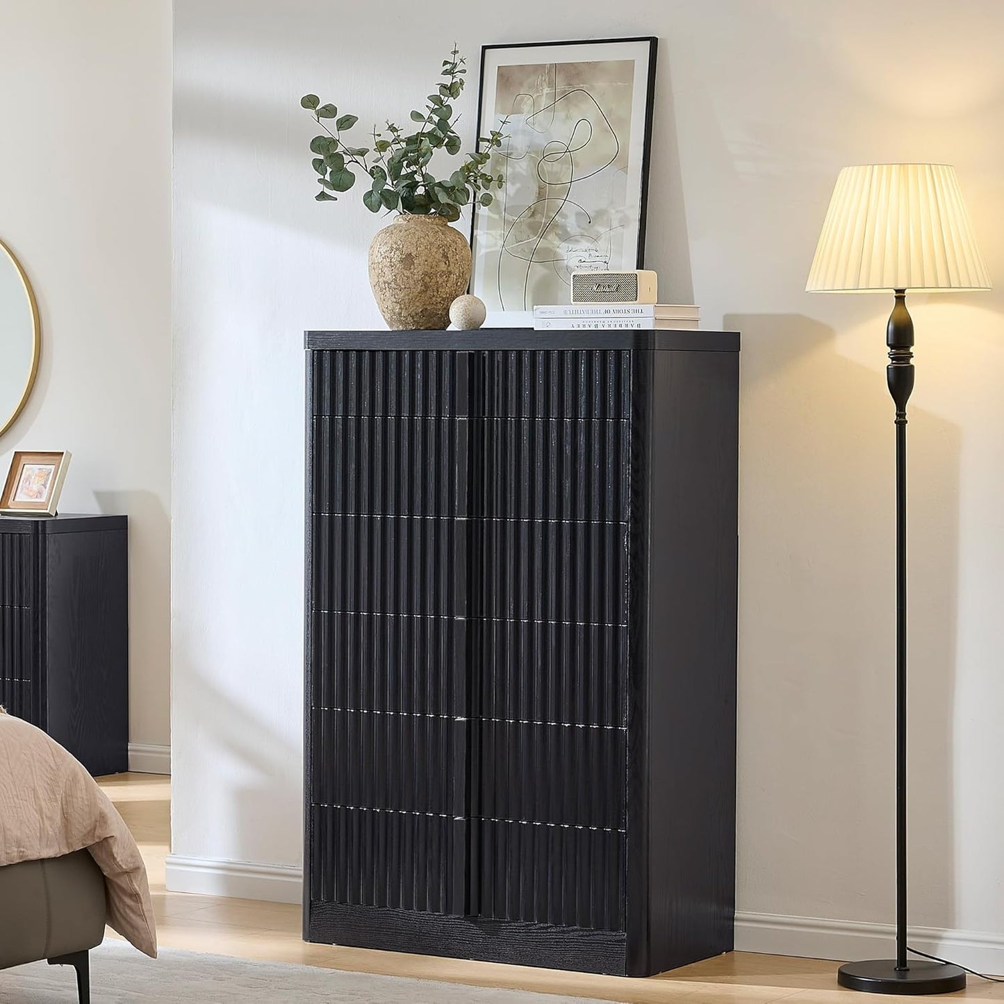 Black Fluted Dresser for Bedroom, Chest of Drawers, 48" Tall 6 Drawer Dresser, Curved Profile Design, Modern Wooden Chest of Drawers with Solid Wood Handle for Living Room, Bedroom