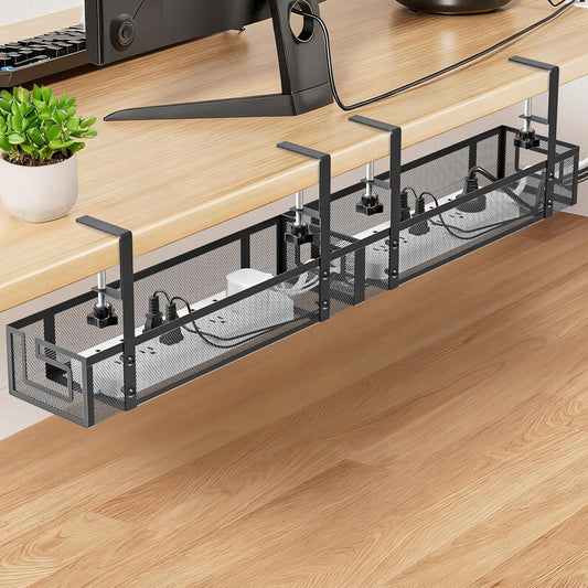Under Desk Cable Management Tray - GZOKMOG No Drill Cord Organizer with Clamp, Reinforced Metal Mesh Workspace Organizers for Wire, Office Desk Accessories, 2 Pack Black, 15.75 inch