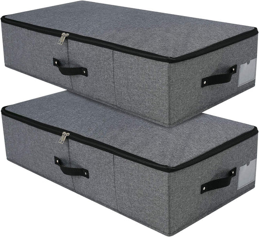 Omygarden 2PCS Foldable Under Bed Storage Box with Plastic Support Liner, Handles, Zipper lid, Blankets Clothes Comforters Storage Bin Organizer for Bedroom and Closet, 29×15×7inch, Black Grey