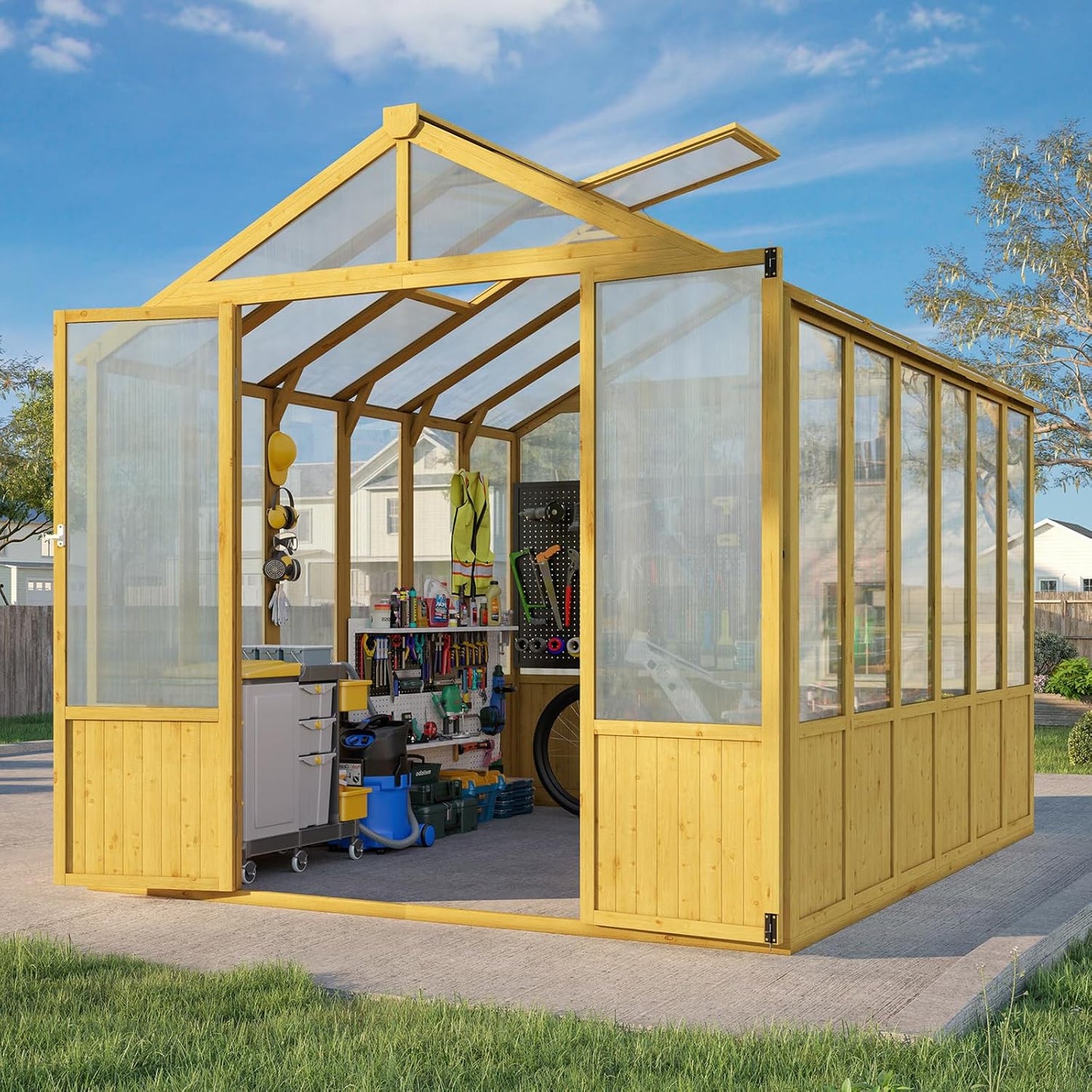 Jocisland 8x9.5x7.5 Ft Wooden Outdoor Storage Shed, Pre-Assembled Cedar Frame, Outdoor Shed with Lockable Door, Adjustable Roof Vents, Polycarbonate Panels for Outdoor, Garden, Backyard