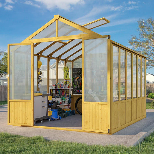 Jocisland 8x9.5x7.5 Ft Wooden Outdoor Storage Shed, Pre-Assembled Cedar Frame, Outdoor Shed with Lockable Door, Adjustable Roof Vents, Polycarbonate Panels for Outdoor, Garden, Backyard