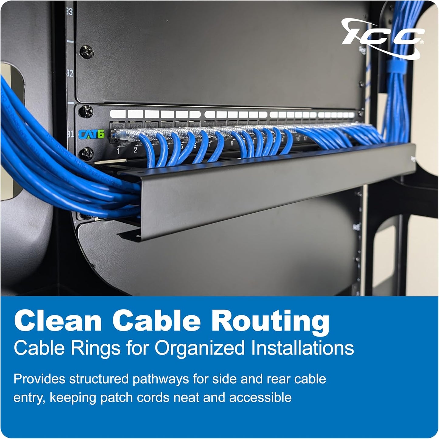 ICC 1U Ring Cable Manager Panel with Cover, Metal, 3" D-Rings, Horizontal Cable Management, Rackmount for 19” Network Racks, Black, Single Pack