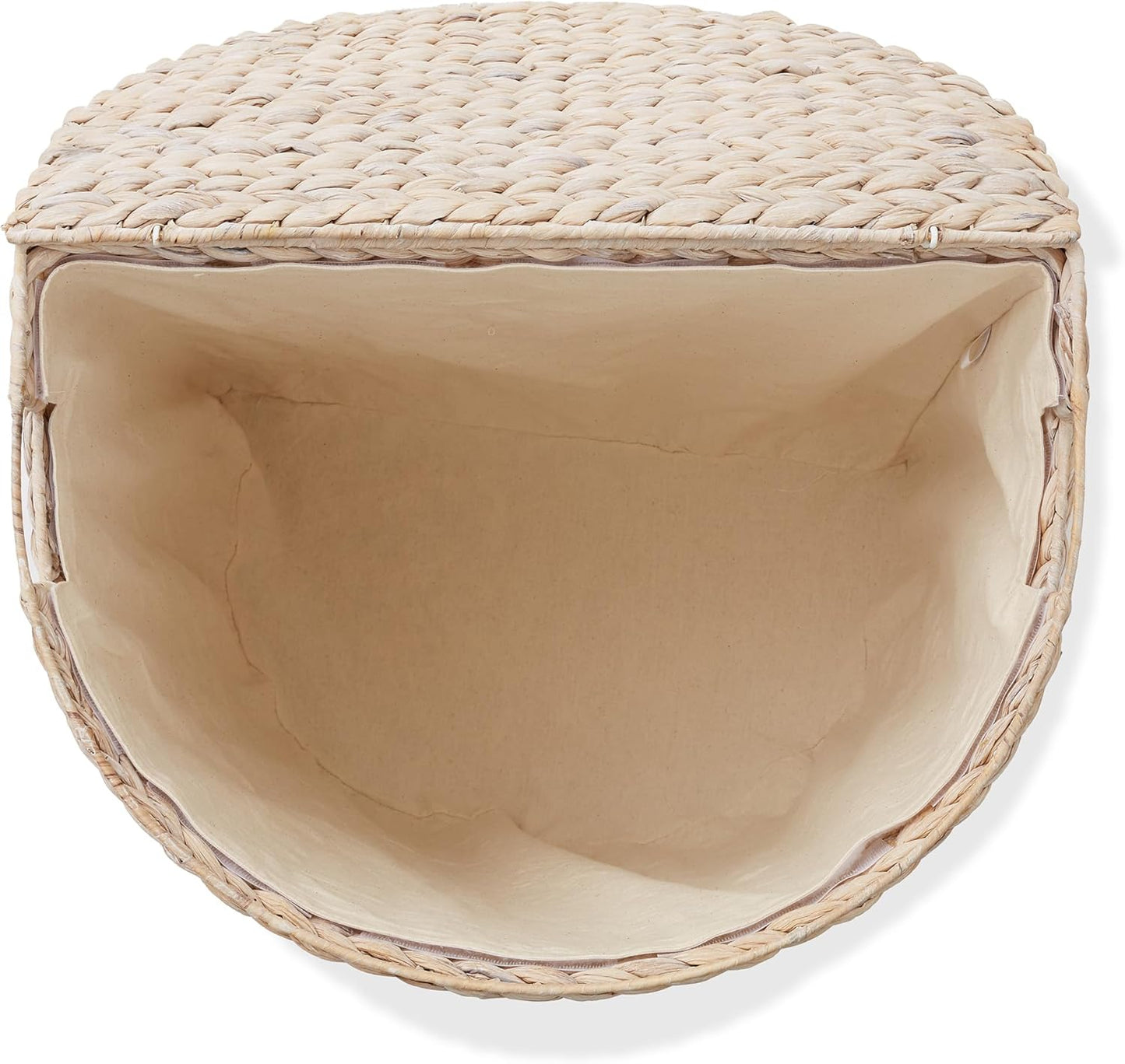 Casafield Half Moon Laundry Hamper with Lid and Removable Liner Bag - Whitewash, Woven Water Hyacinth Laundry Basket for Clothes and Towels