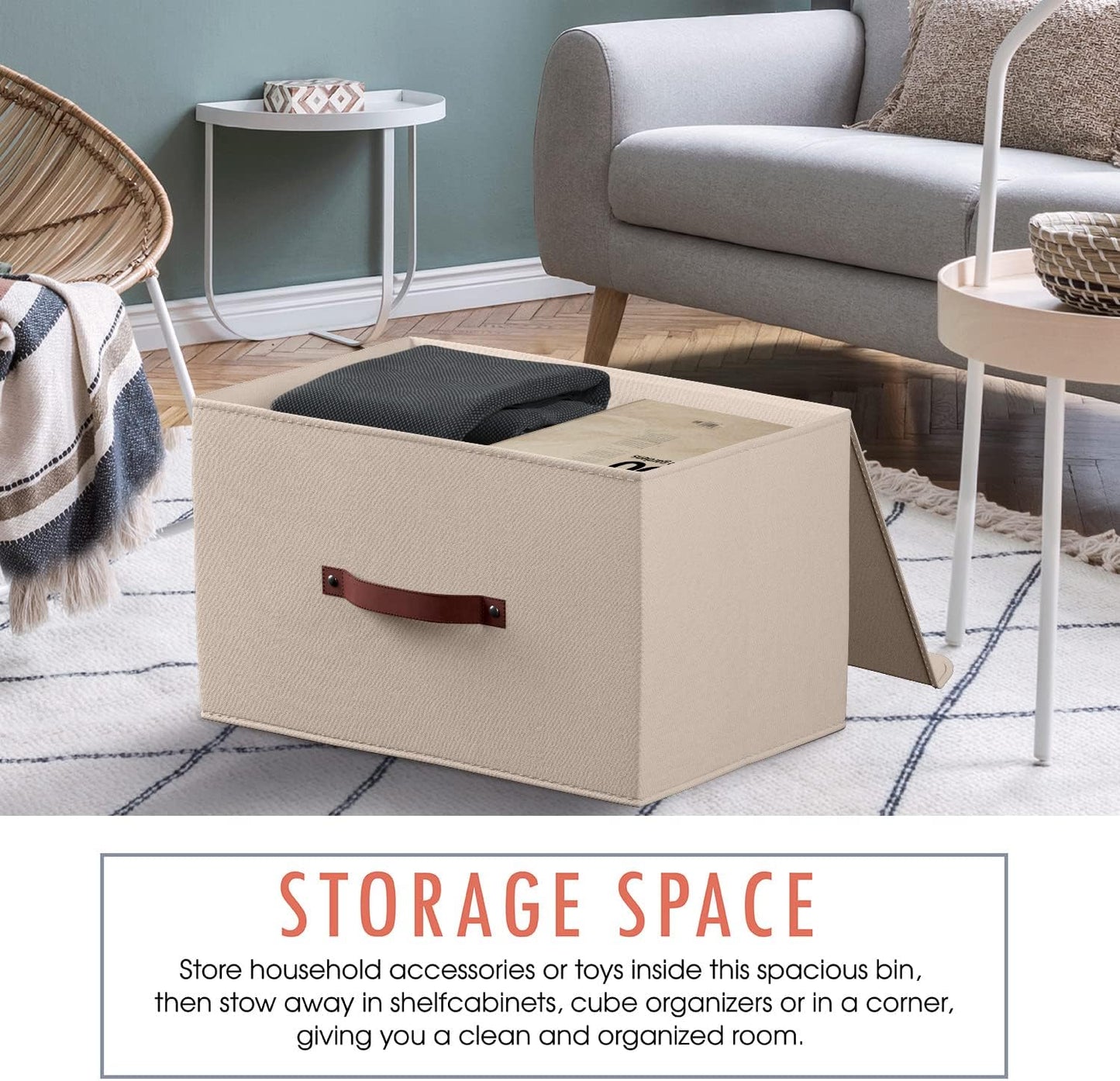 Ornavo Home 6 Pack Collapsible Storage Bins with Lid, Foldable Linen Fabric Shelf Storage Basket Closet Organizer and Large Storage Box for Clothes with Leather Handles, 16.5 x 11.8 x 7.5, Beige
