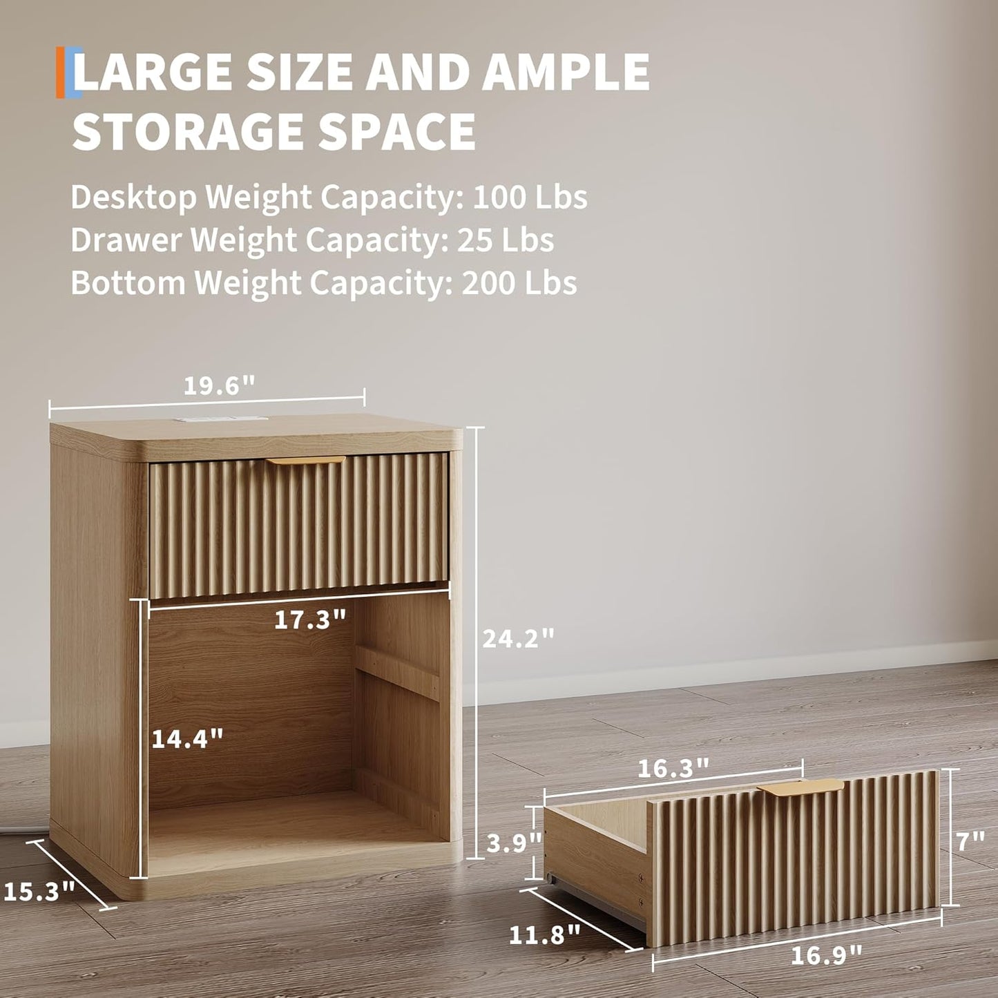 Fluted Nightstand Set of 2 with Charging Station, Bedside Table with Drawers and Open Storage Space, Metal Handles and Rounded Corners for Safety, Mid Century Modern End Table, Bedroom, Living Room