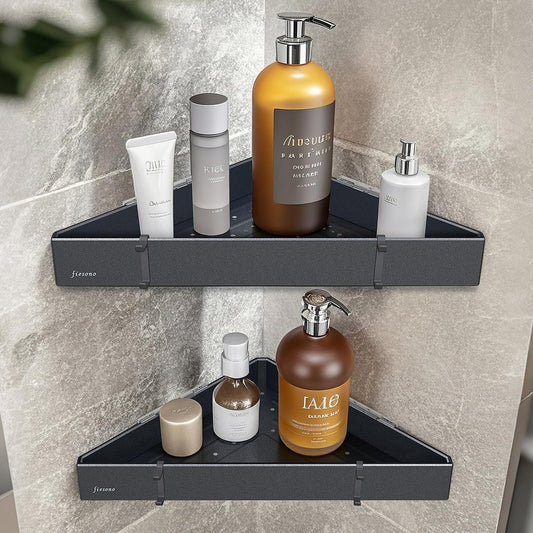 2-Tier Corner Shower Shelves with Hooks, Rustproof Metal Shower Corner Caddy Organizer for Bathroom Toilet Kitchen, Fast Drain and Space Saving