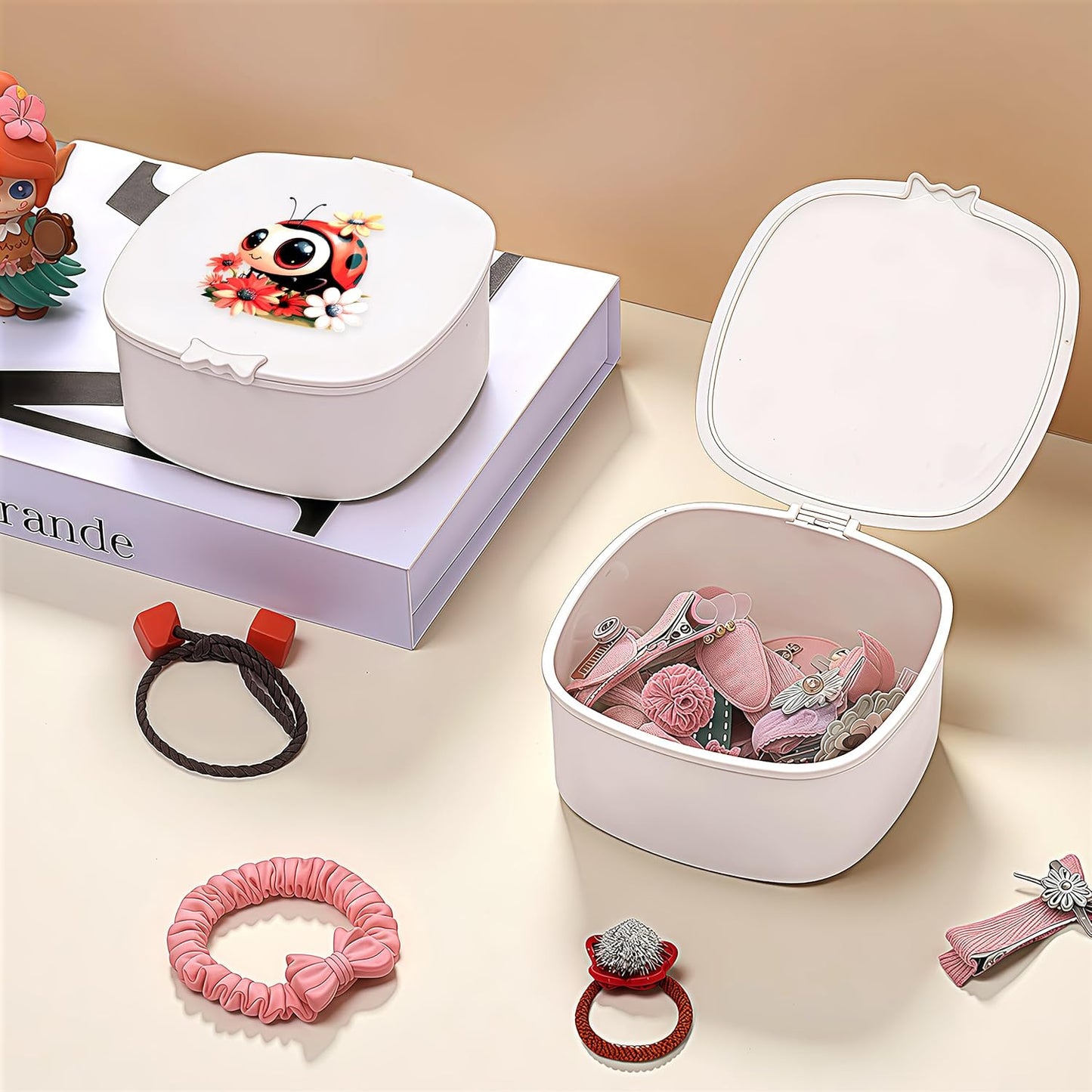Small Hair Accessories Organizer Box For Girls Kids Teens Women, Hair clips/Ties/bands/pins/barrettes/scrunchies Organizer and Storage! (Ladybugs)