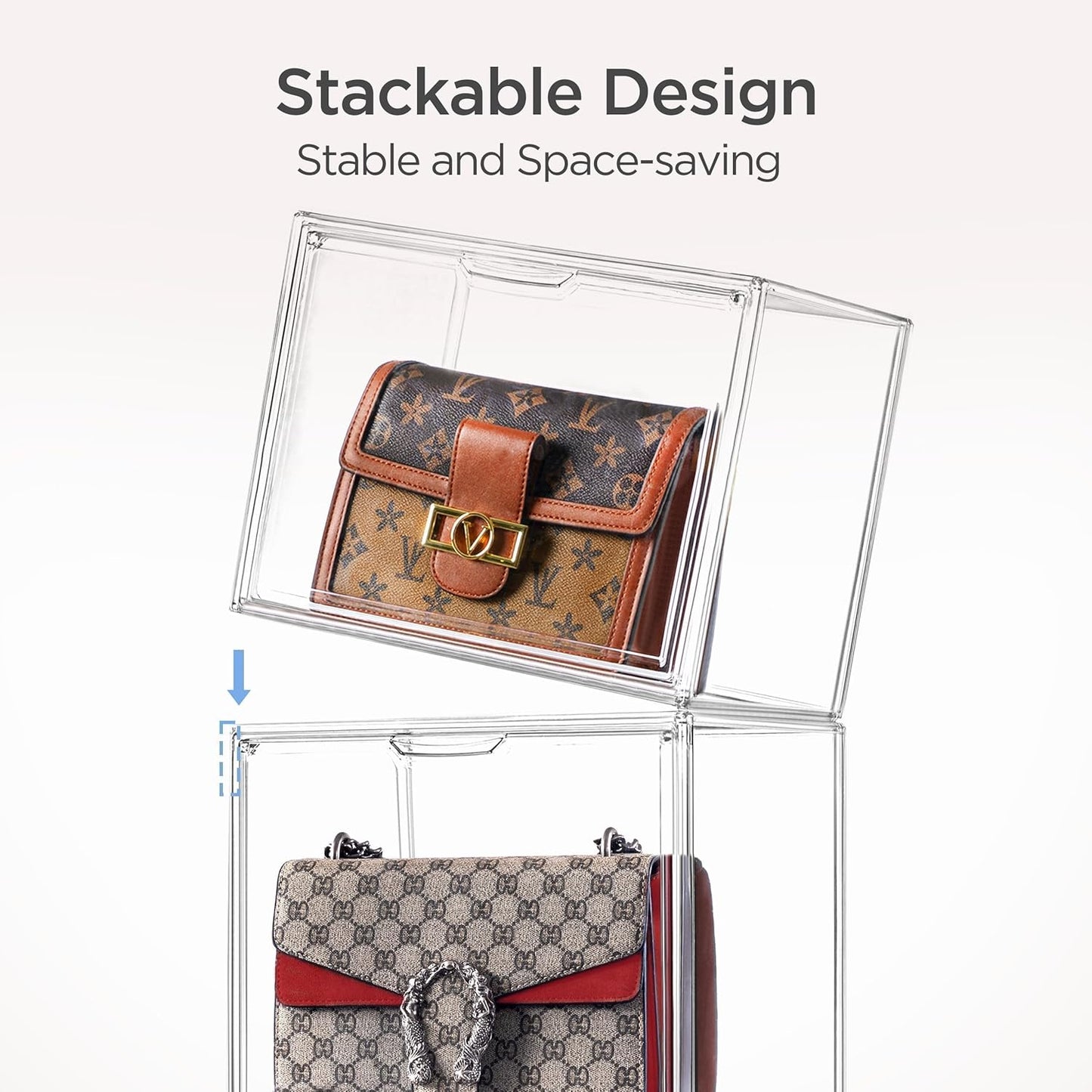 HBlife 5 Pack Purse Storage Organizer for Closet, Large Clear Stackable Handbag Display Case Box with Magnetic Door for Collectibles, Cosmetics, Women Heels and Toys