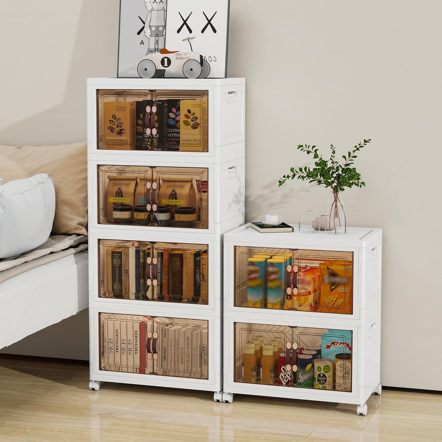 Storage Bins with 2 Lids and Wheels, Collapsible Bathroom Storage Cabinet with Clear Doors, Plastic Stackable Closet Organizers and Storage Containers White 270 QT