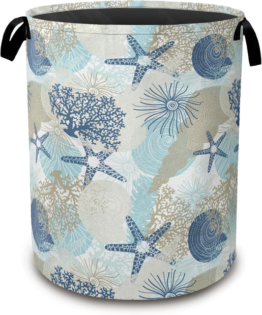 Large Laundry Basket,Corals Seashells Collapsible Laundry Baskets,Cute Algae Waterproof Oxford Hamper with Handles for Bathroom Bedroom Nursery Home Storage 16"x20"