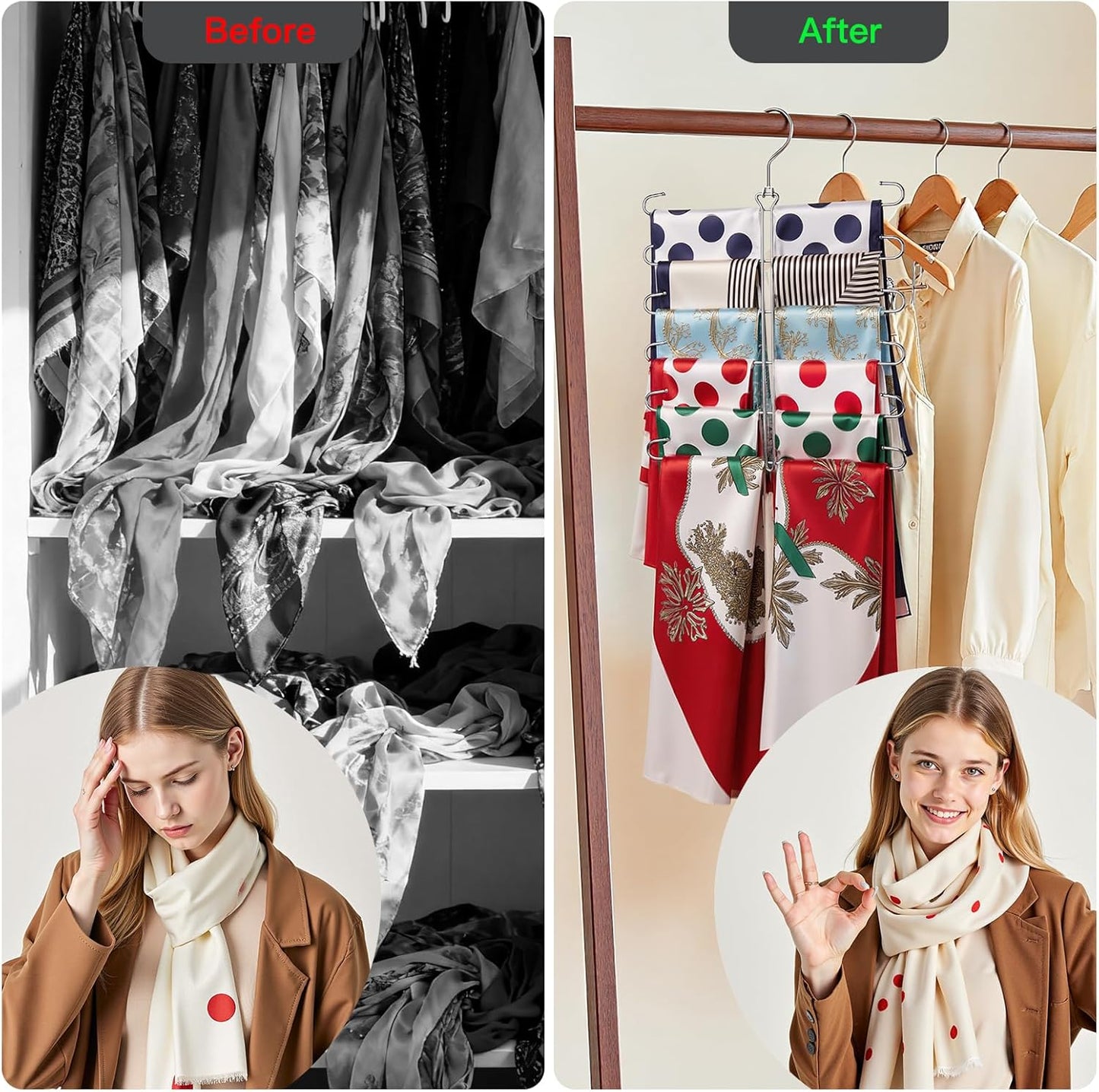 Scarf Hanger 2 Pack Scarf Hangers for Closet Organizer,6 Tiers Metal Space Saving Hanger with 360 Degree Hook,Mult Function Closet Organization for Scarves,Tank Top,Leggings