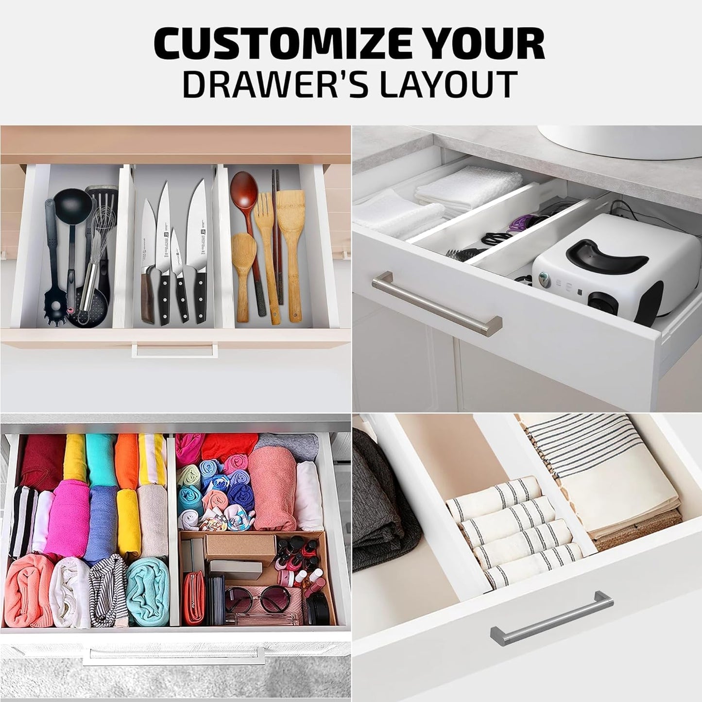 4-Pack Bamboo Drawer Dividers - 2.6" High, 12.5"-17" Adjustable Drawer Organizers for Clothes, Expandable Dresser Separators in Bedroom/Bathroom/Kitchen/Office Organization and Storage (White)