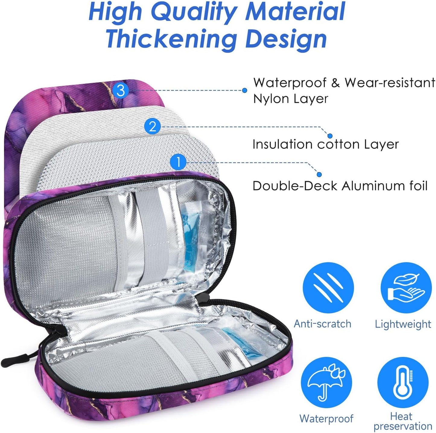 YOUSHARES Insulin Cooler Travel Case - Travel Medicine Cooler Bag for Insulin and Diabetes Supplies Travel, Insulin Case with 2 TSA Approved Gel Ice Pack (Marble Purple)