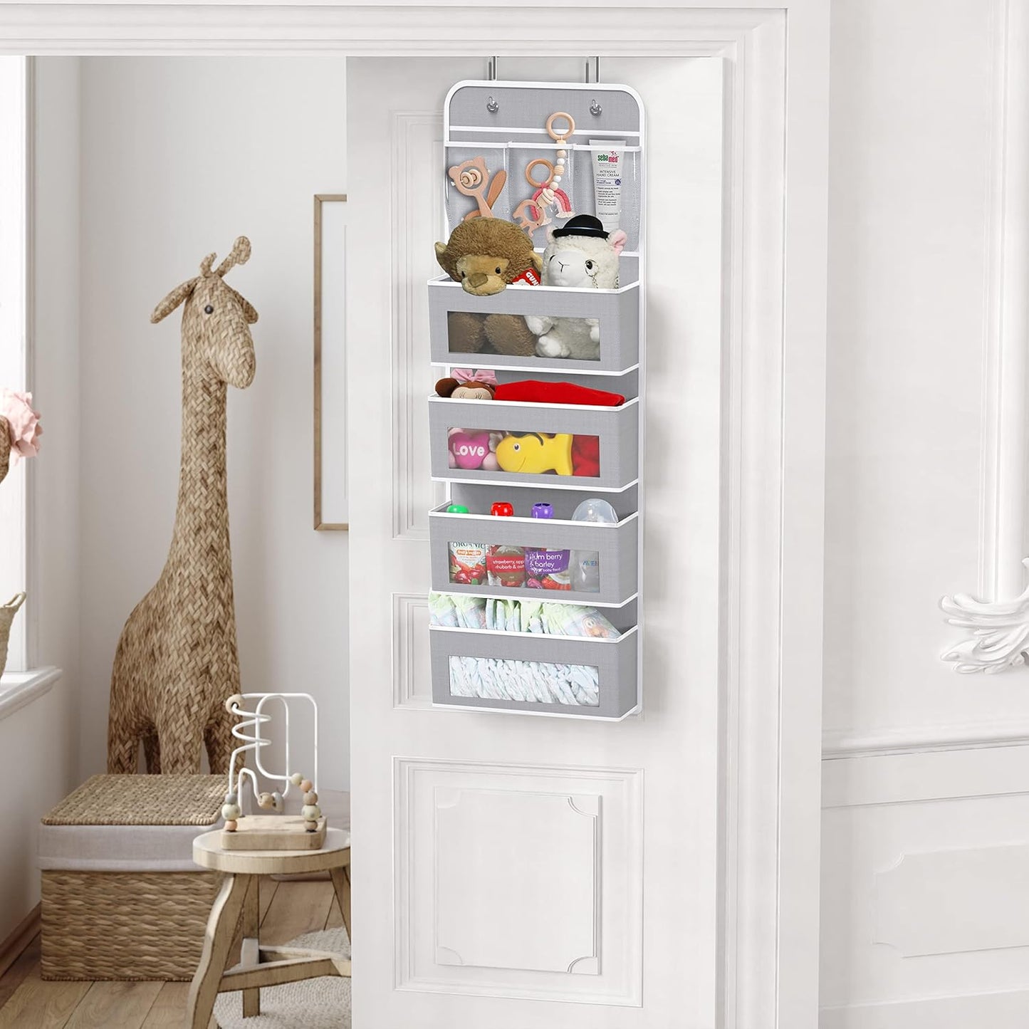 Simple Houseware 4 Clear Window Pocket Over Door Storage Hanging Organizer with 3 Clear Pockets for Bedroom, Bathroom, Pantry, Gray
